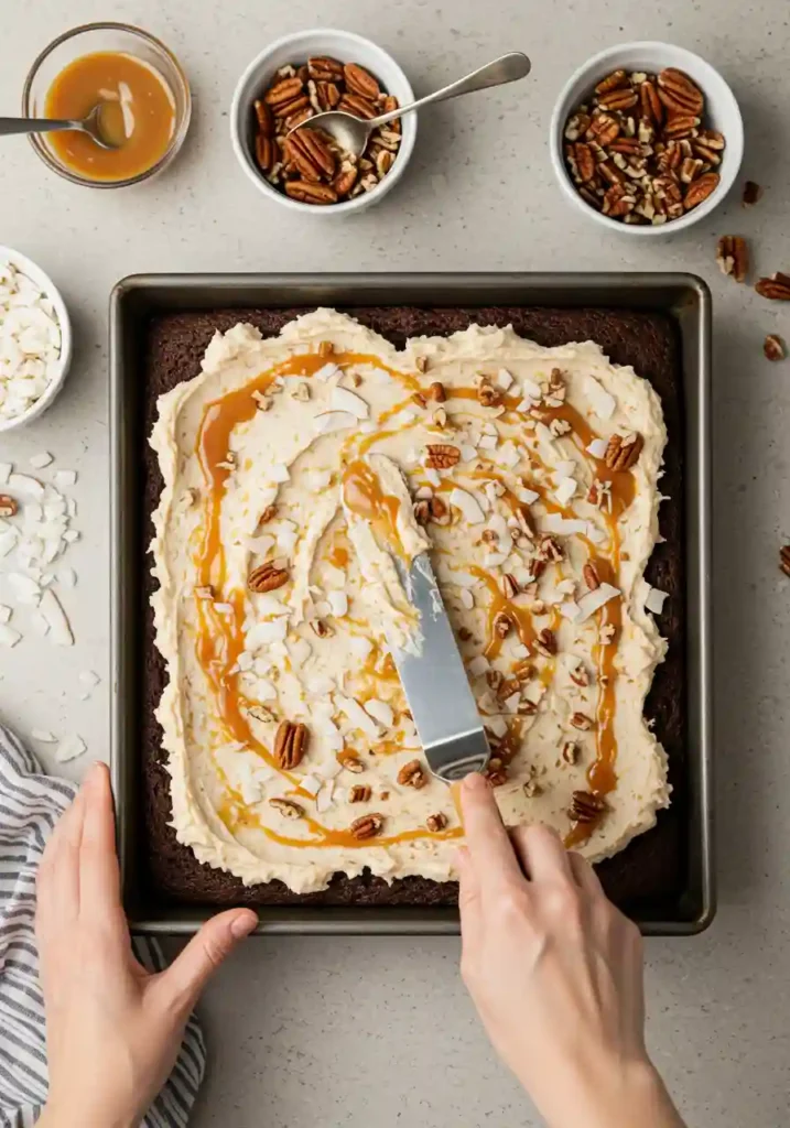 Coconut pecan frosting being spread over cooled poke cake