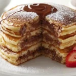 Tall stack of fluffy Nutella-stuffed pancakes with drizzle