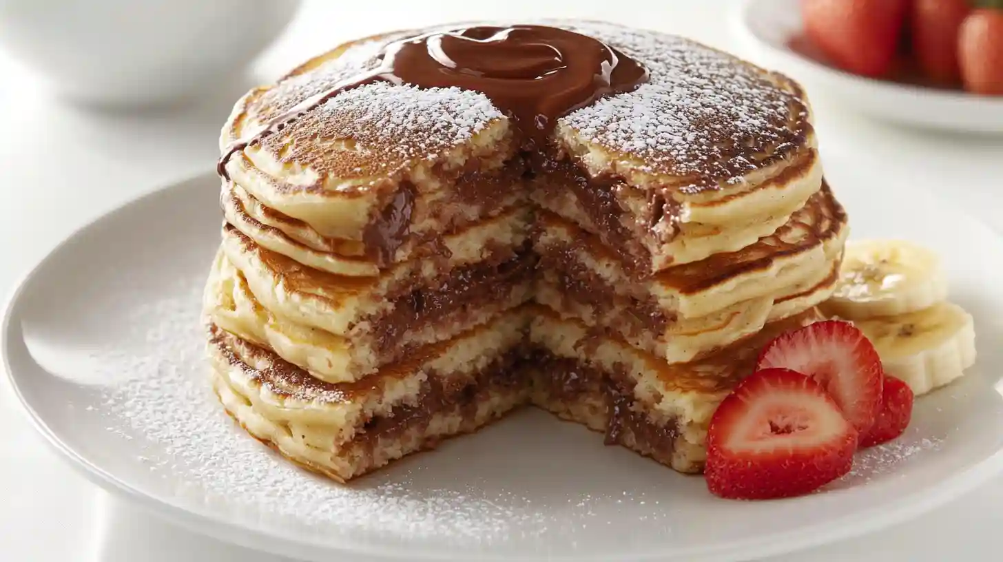 Tall stack of fluffy Nutella-stuffed pancakes with drizzle