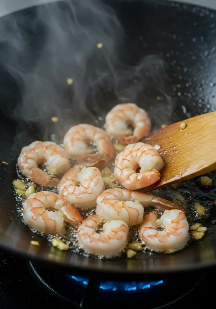 Shrimp sizzling in a hot wok with oil