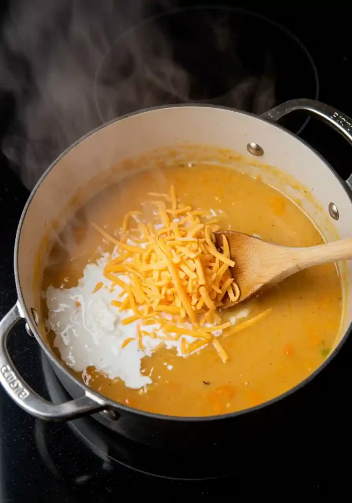 Wooden spoon mixing melted cheddar into blended soup
