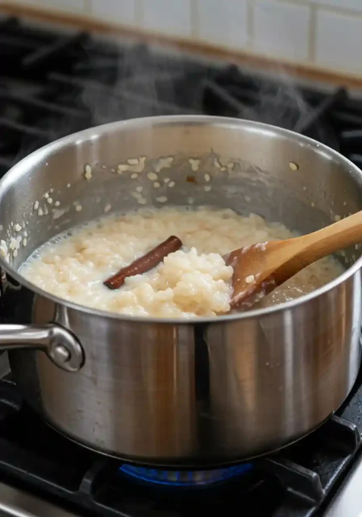 Rice simmering in milk on the stove
