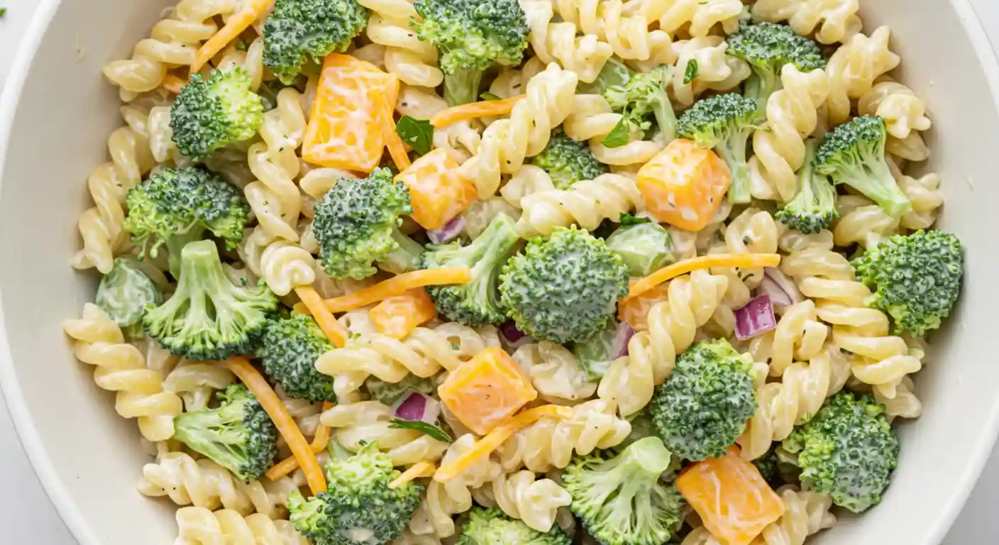 Vibrant Broccoli Pasta Salad in White Bowl