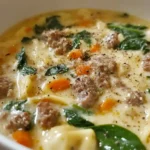 Bowl of creamy Italian sausage tortellini soup