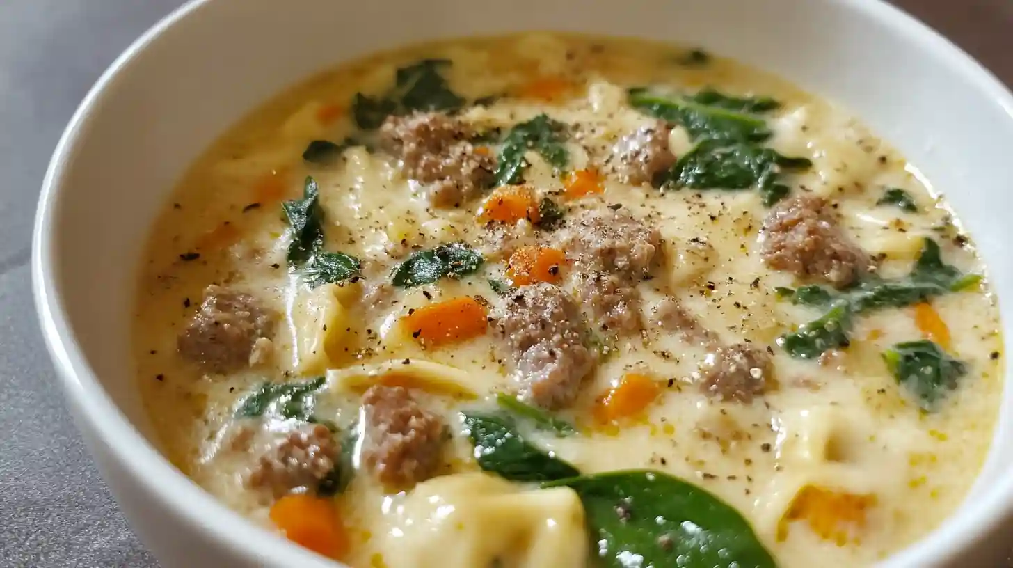 Bowl of creamy Italian sausage tortellini soup