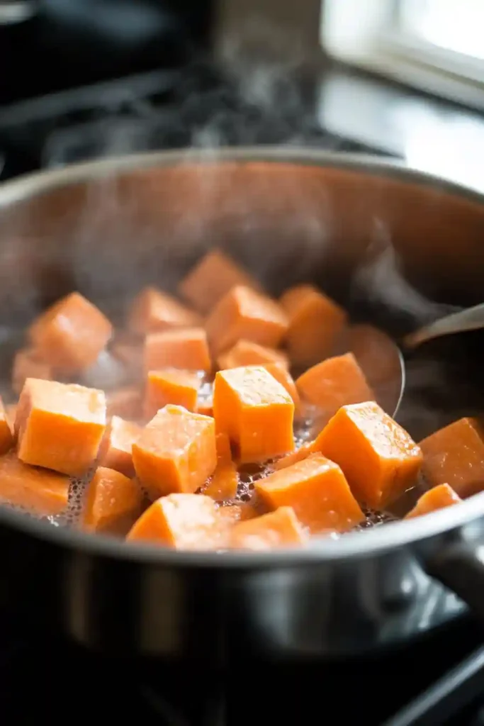 Pot of chopped sweet potatoes boiling in water