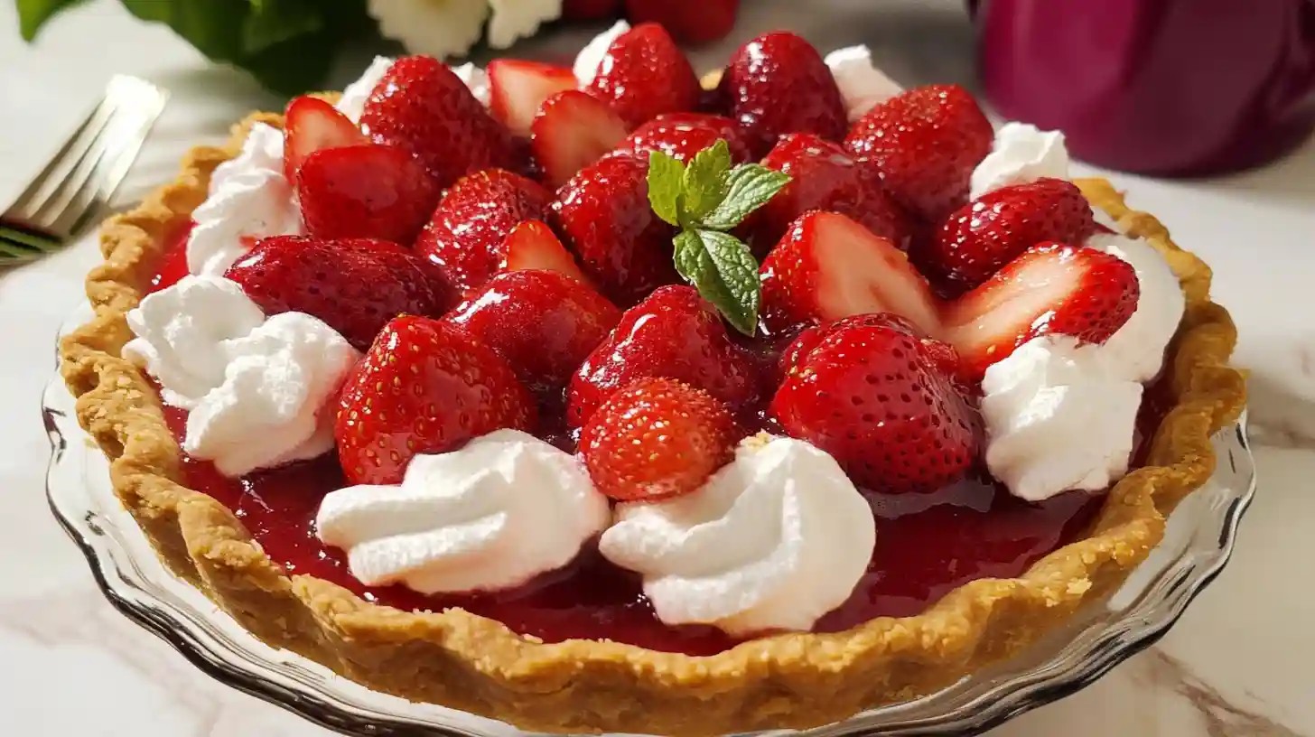 Close-up of glazed strawberry pie