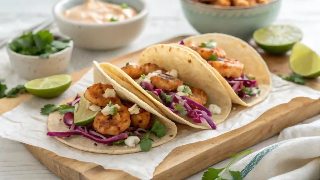 Baja shrimp tacos with slaw and chipotle sauce on a wooden board