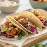Baja shrimp tacos with slaw and chipotle sauce on a wooden board