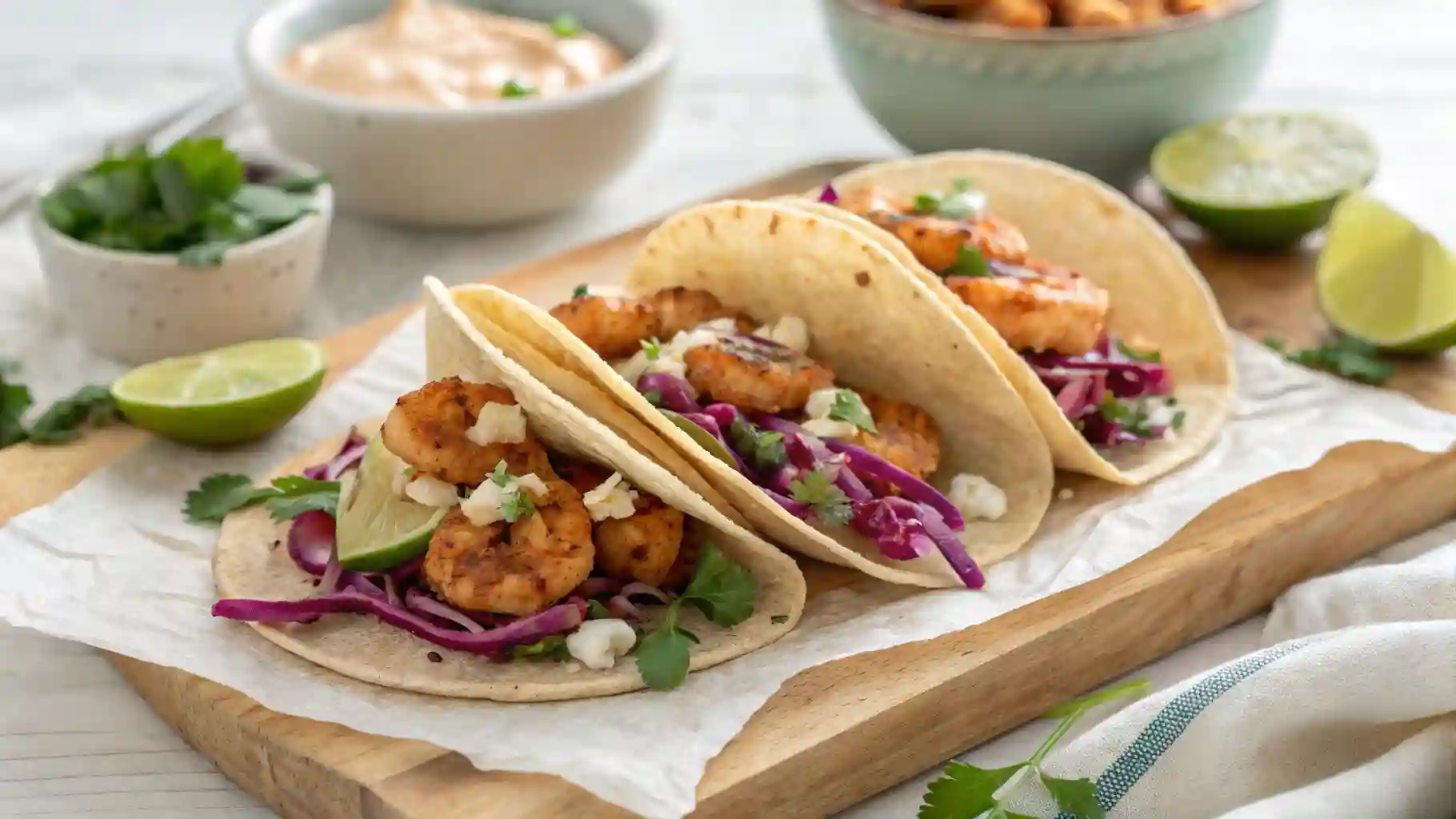 Baja shrimp tacos with slaw and chipotle sauce on a wooden board