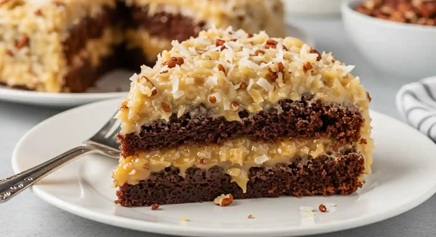 Slice of German chocolate poke cake with coconut pecan frosting