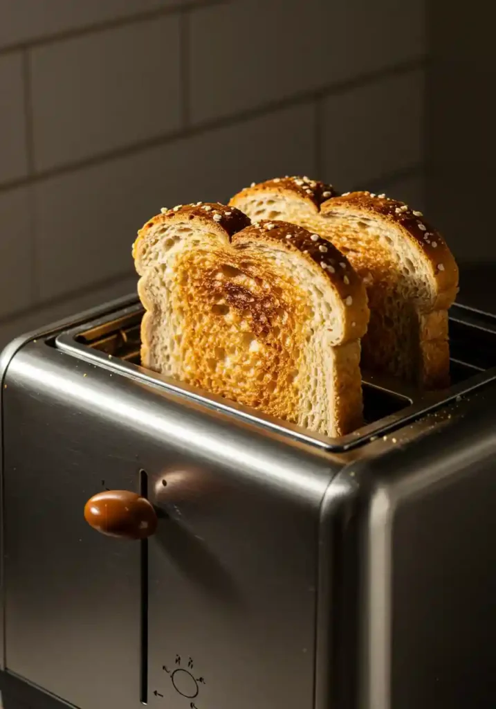 Whole-grain bread slices browning in a toaster