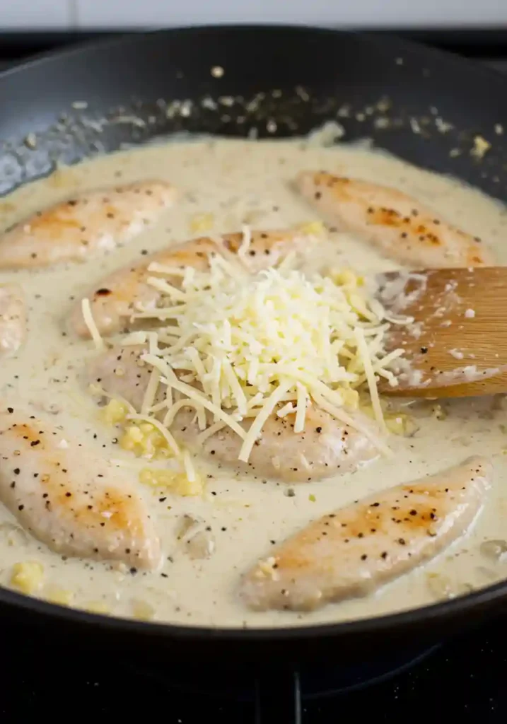 Mixing Penne and Chicken in Parmesan Sauce