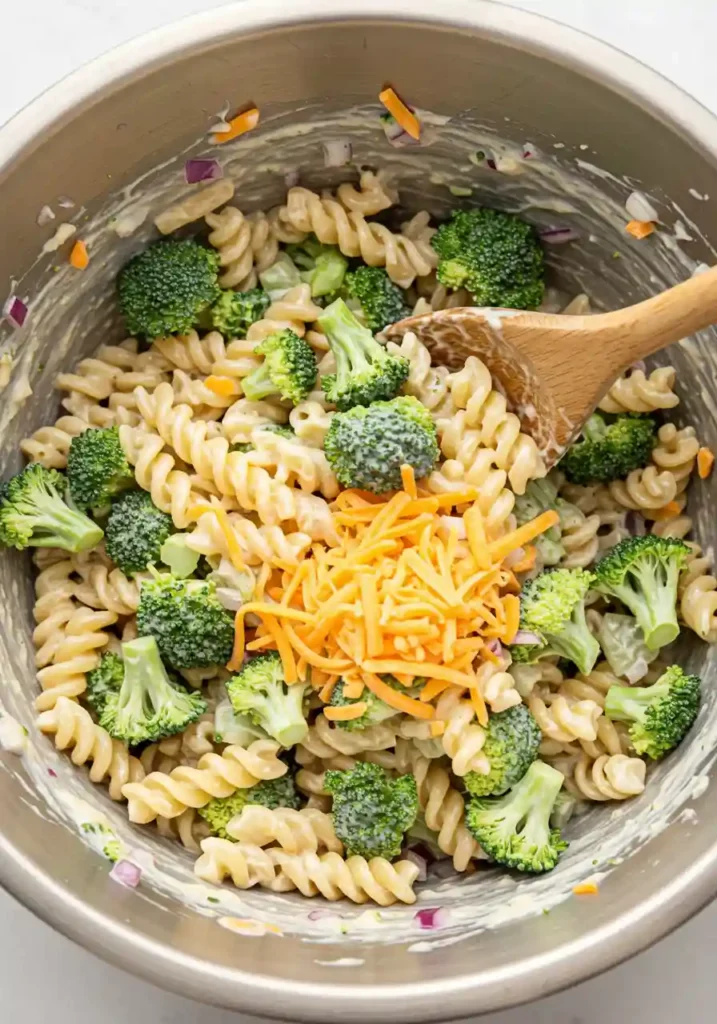 Mixing Rotini and Broccoli in Creamy Dressing