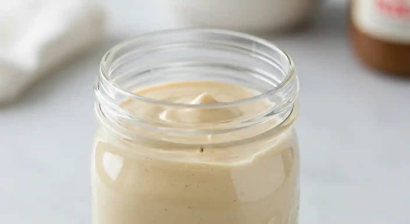 Glass bottle of creamy homemade coffee creamer on wooden counter