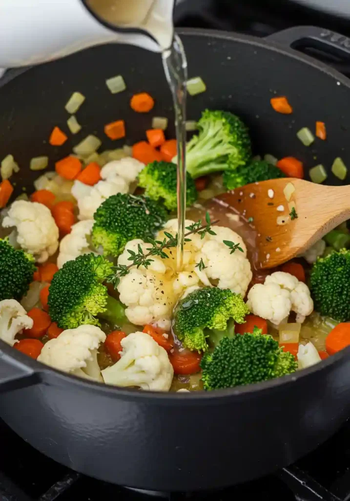 Broccoli and cauliflower florets cooking in bubbling broth
