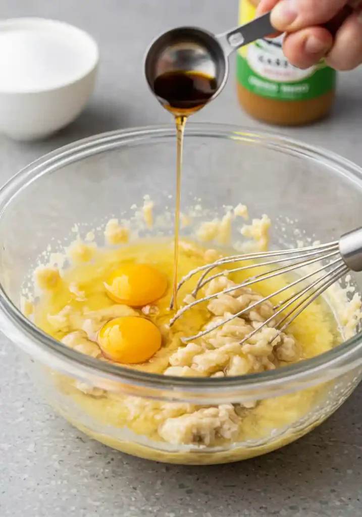 Wet ingredients—mashed banana, butter, eggs—whisked in glass bowl