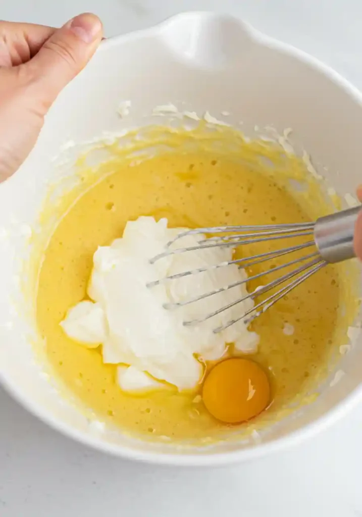 Bowl of sour cream, oil, eggs, vanilla, and milk being whisked