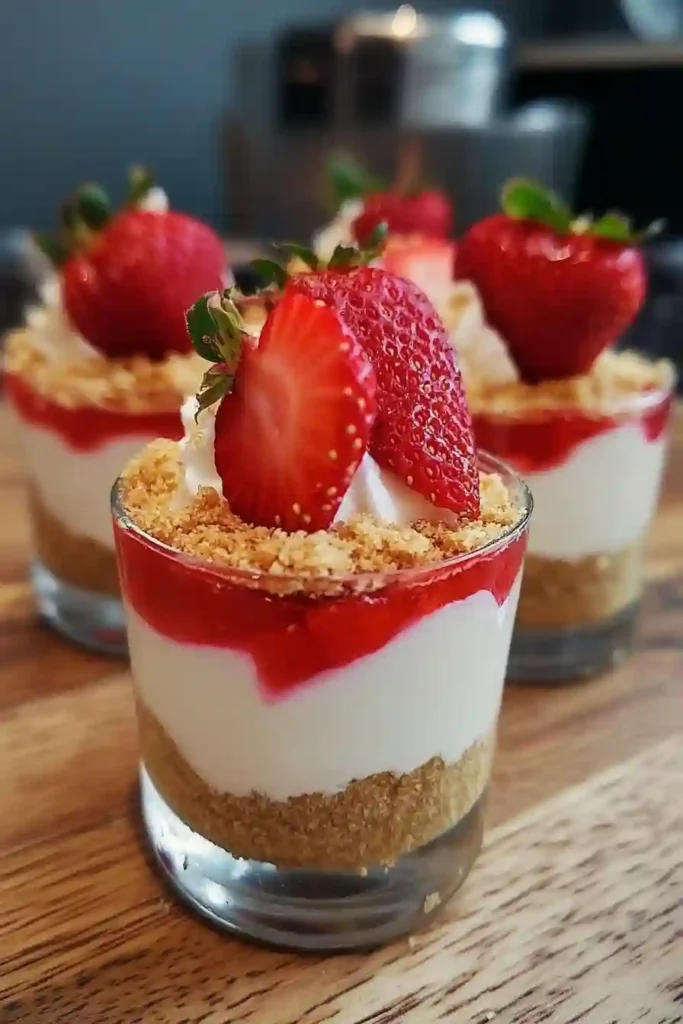 Spoon adding fresh strawberries over creamy cheesecake cups