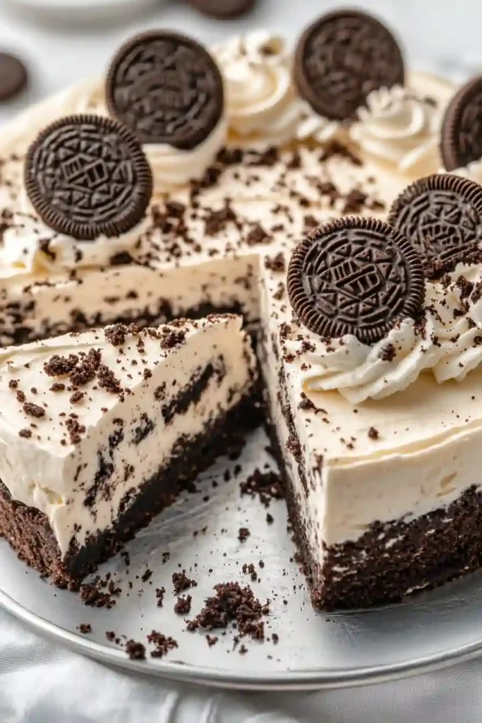 Whipped cream and crushed Oreos decorating the top of a no bake cheesecake
