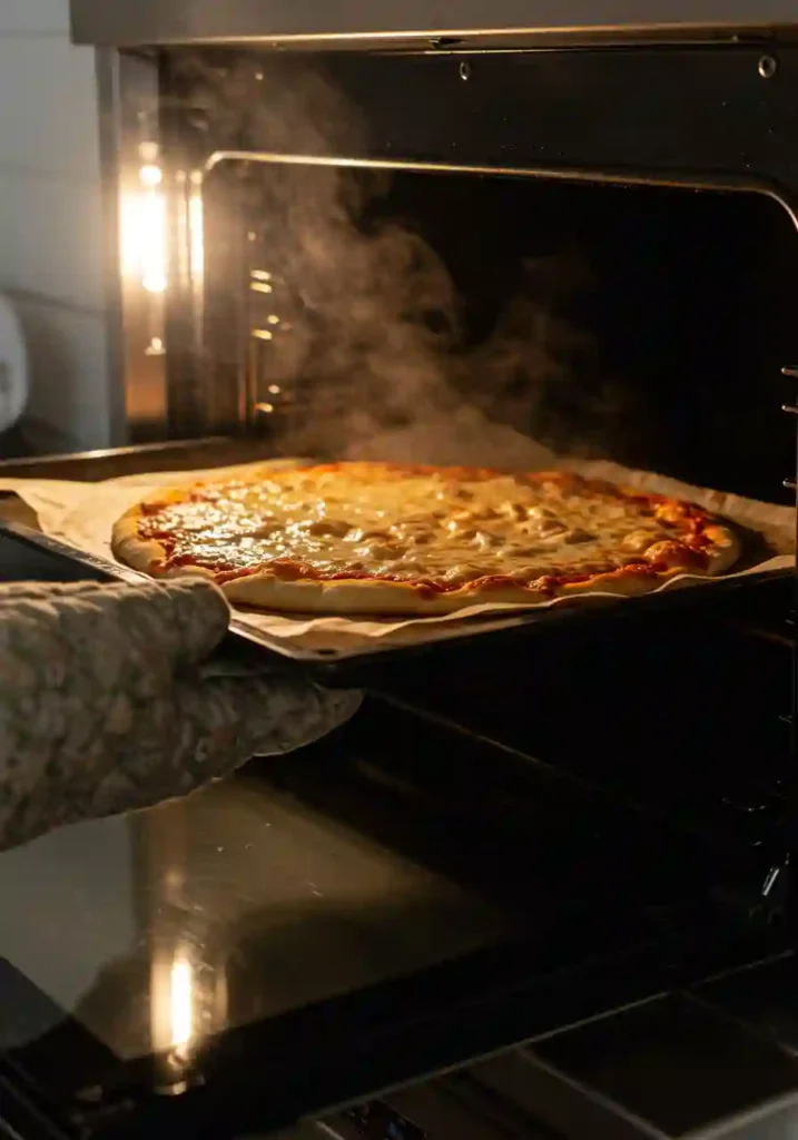 Gluten free pizza crust topped and baking in oven