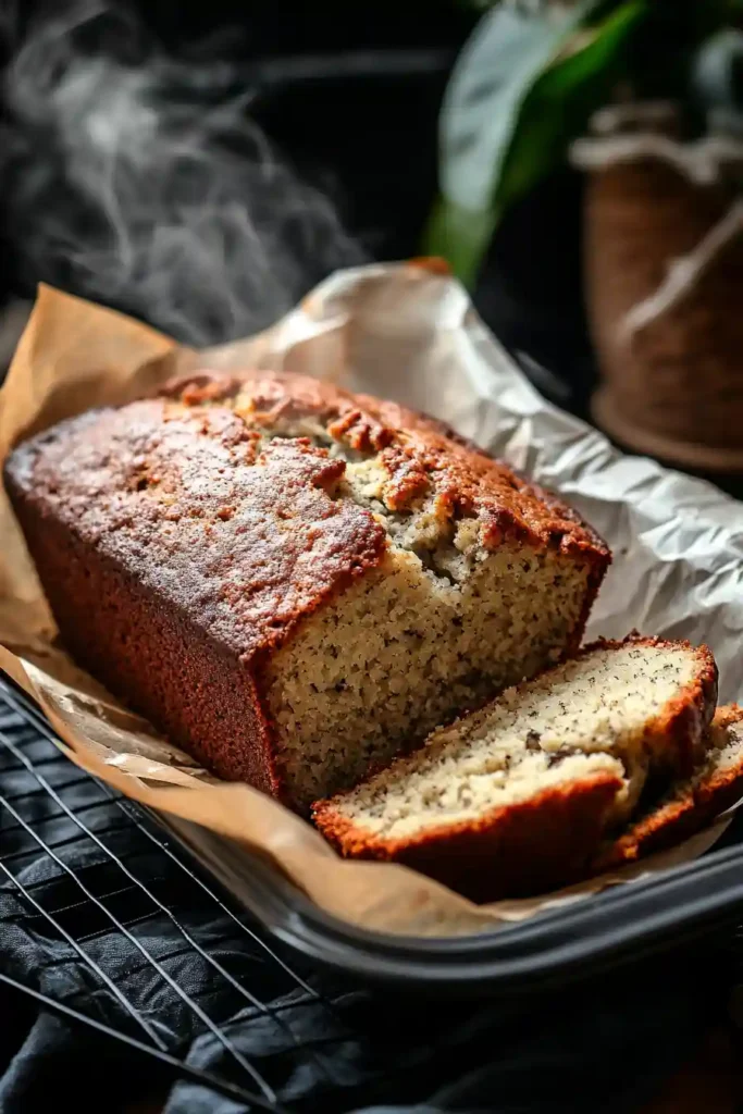 Banana bread batter poured into a loaf pan before baking