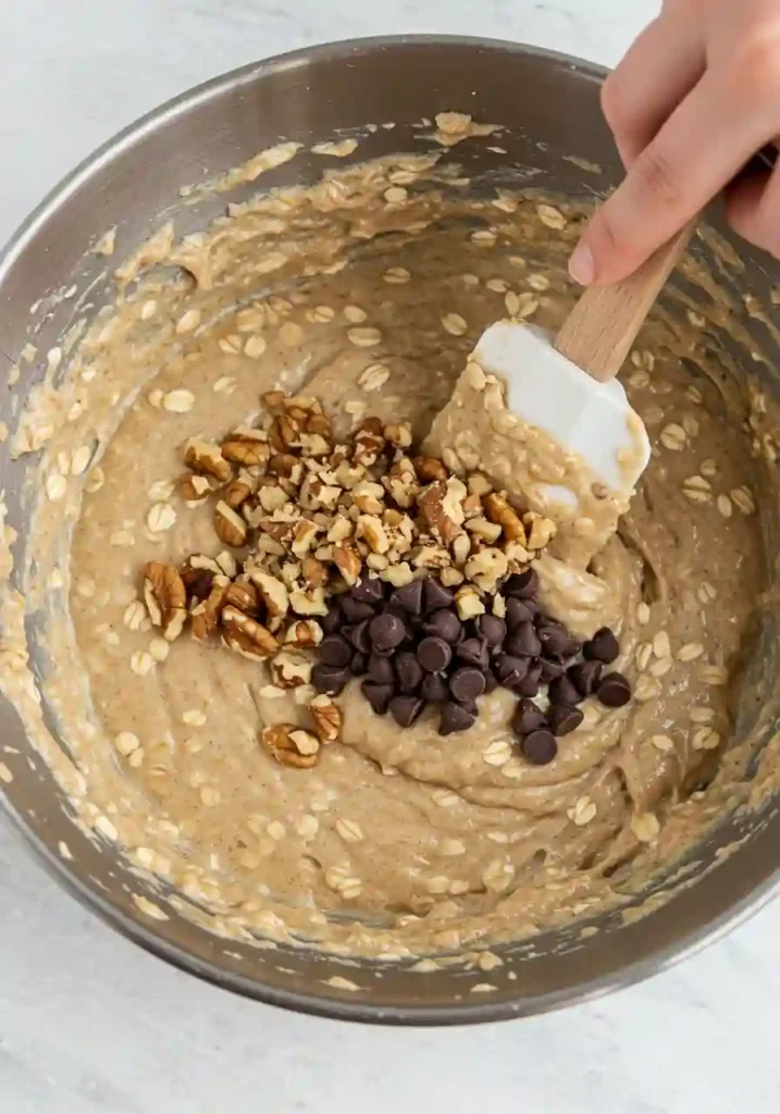 Oatmeal banana bread batter in a loaf pan