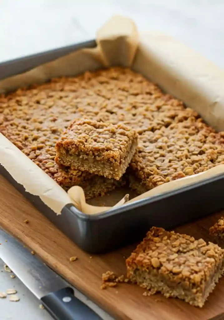 Baking pan with banana oatmeal bar mixture in the oven