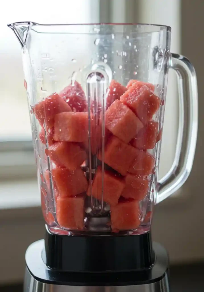 Blending cubed watermelon in a blender for juice