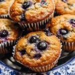 Stack of banana blueberry muffins on a serving plate