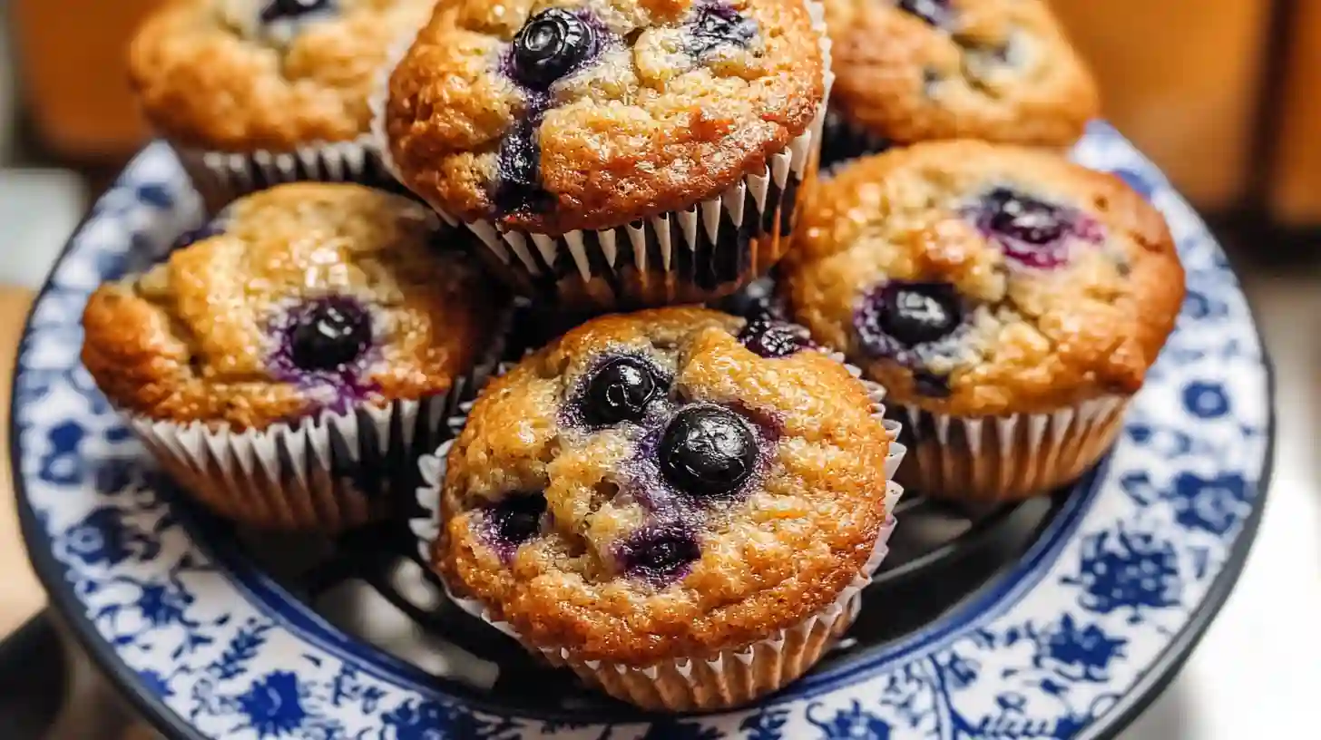 Stack of banana blueberry muffins on a serving plate