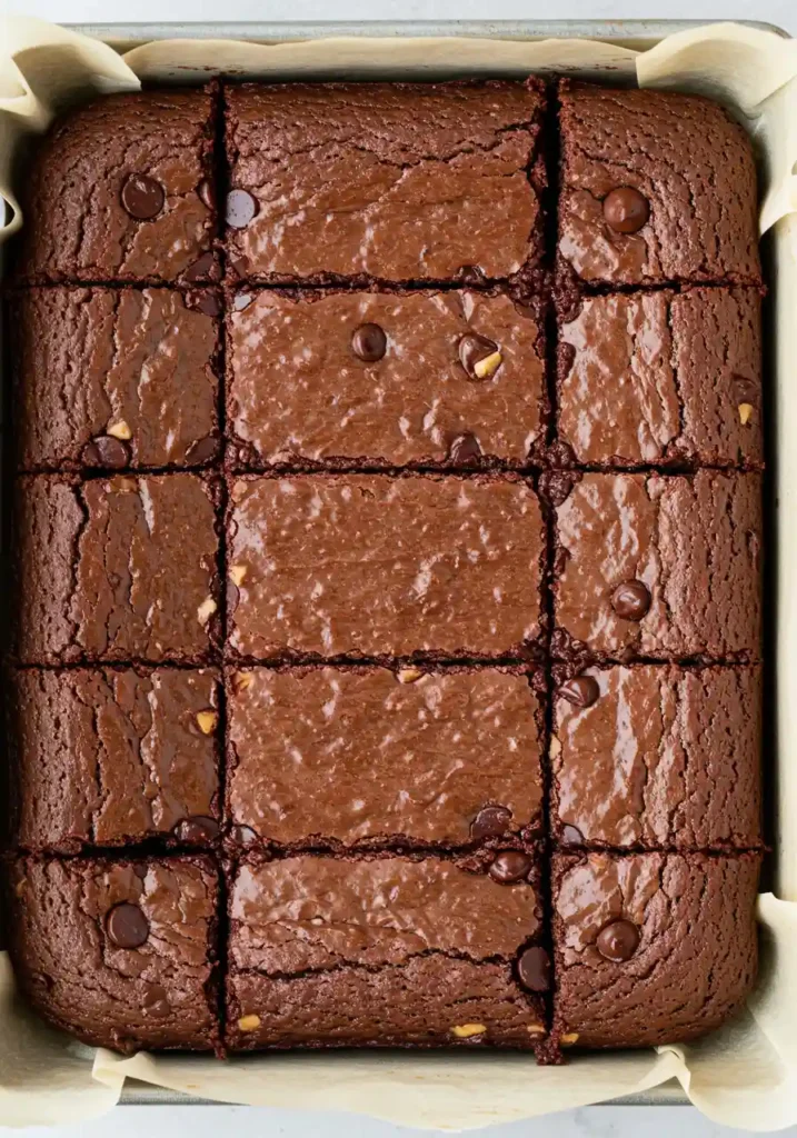 Freshly baked gluten free brownies in a square pan