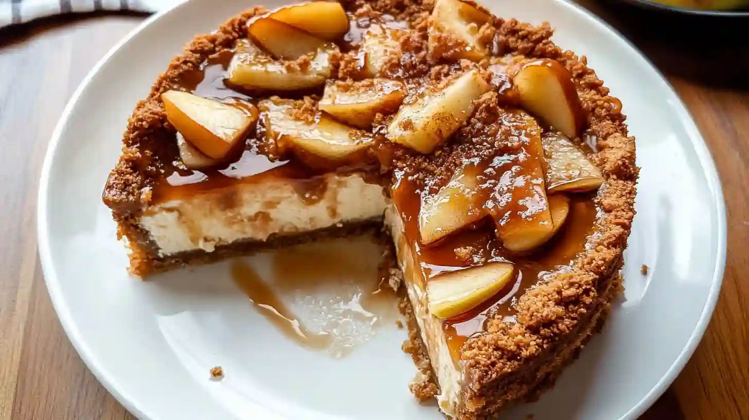 Whole caramel apple cheesecake topped with spiced apples and caramel sauce