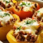 Finished stuffed bell peppers with ground beef in a baking dish