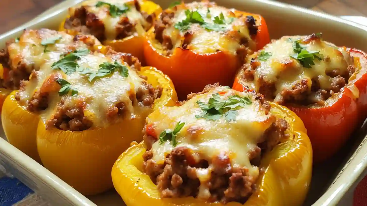 Finished stuffed bell peppers with ground beef in a baking dish
