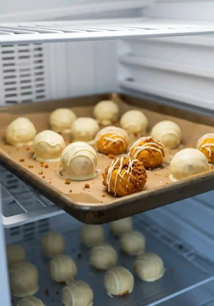 Pumpkin cheesecake balls being dipped in melted white chocolate