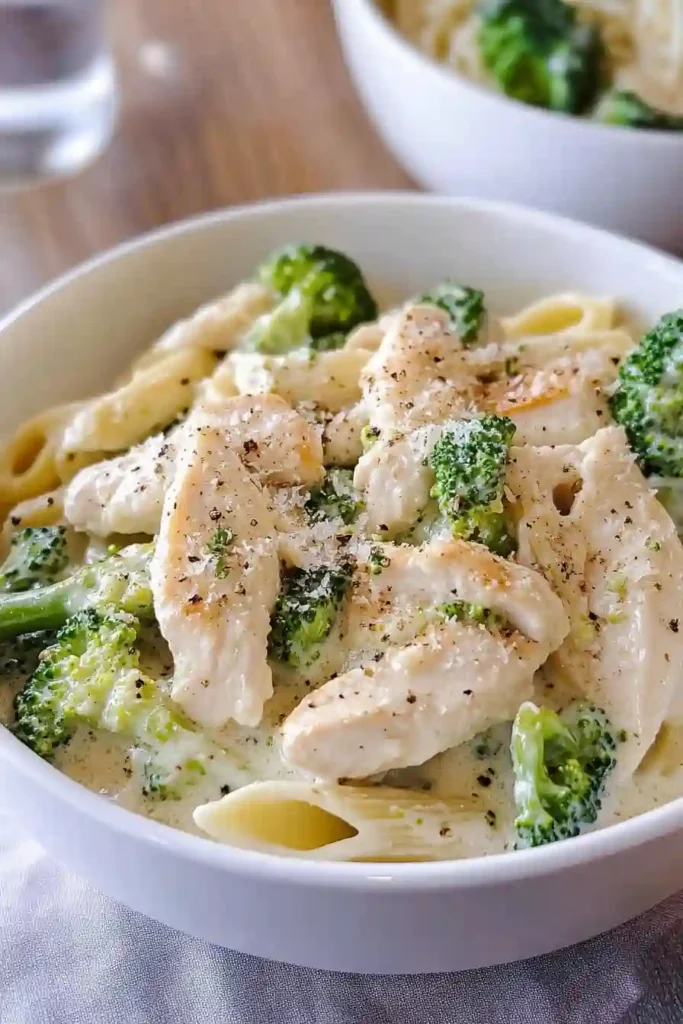 Stirring Penne, Broccoli, and Chicken in Alfredo Sauce