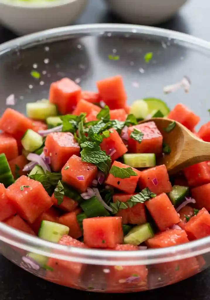 Mixing watermelon cubes, cucumber, onion, and herbs in a bowl