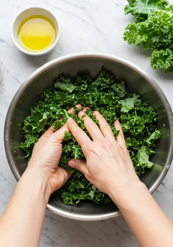 Tossing quinoa into a bowl of prepared kale