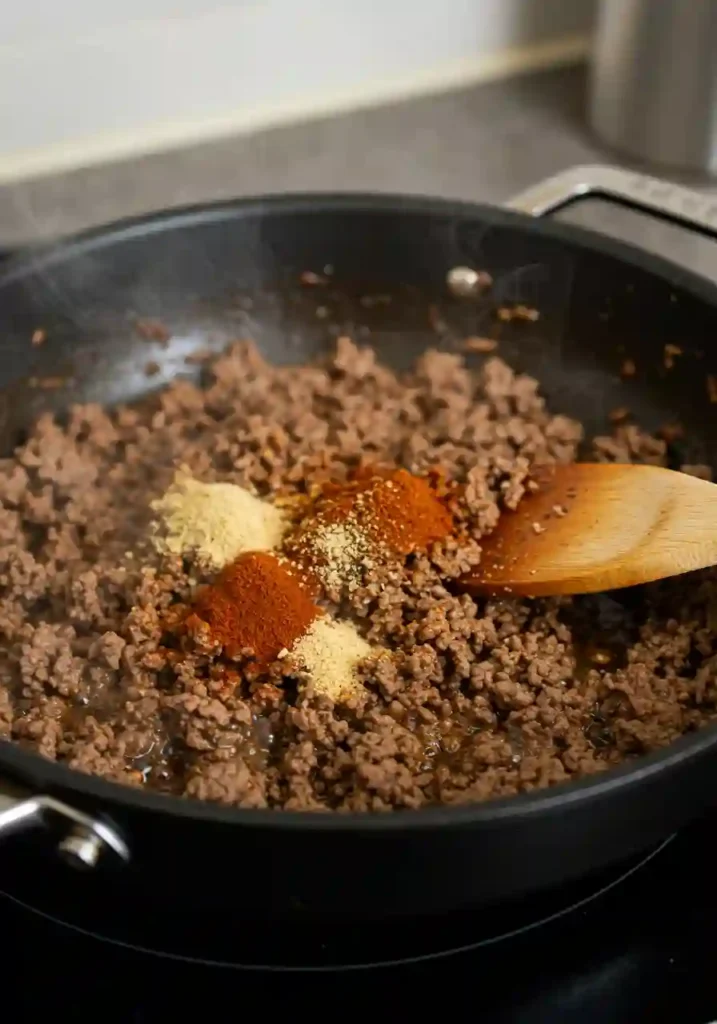 Ground beef browning in a skillet for cheesy dip