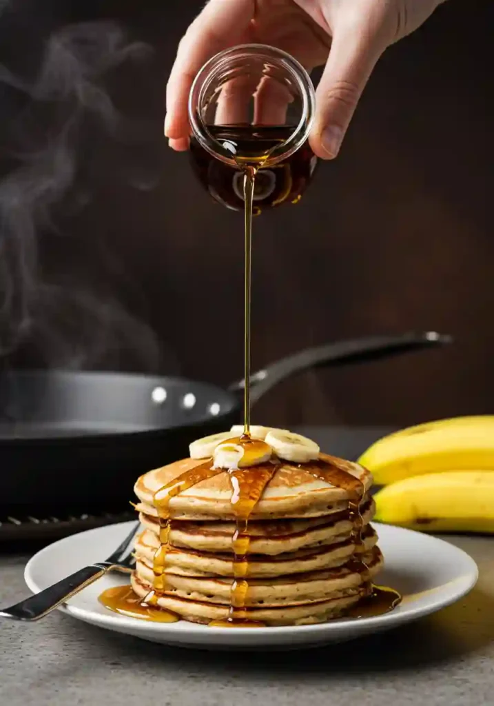 Flipping gluten free banana pancakes on skillet