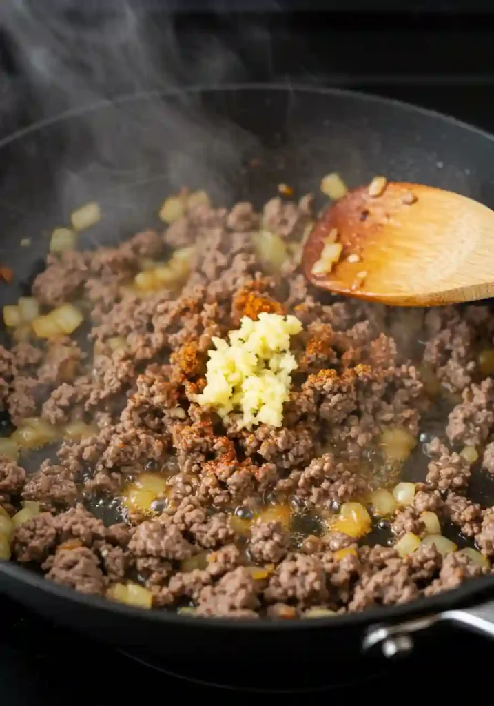 Seasoned Ground Beef with Onions in a Skillet