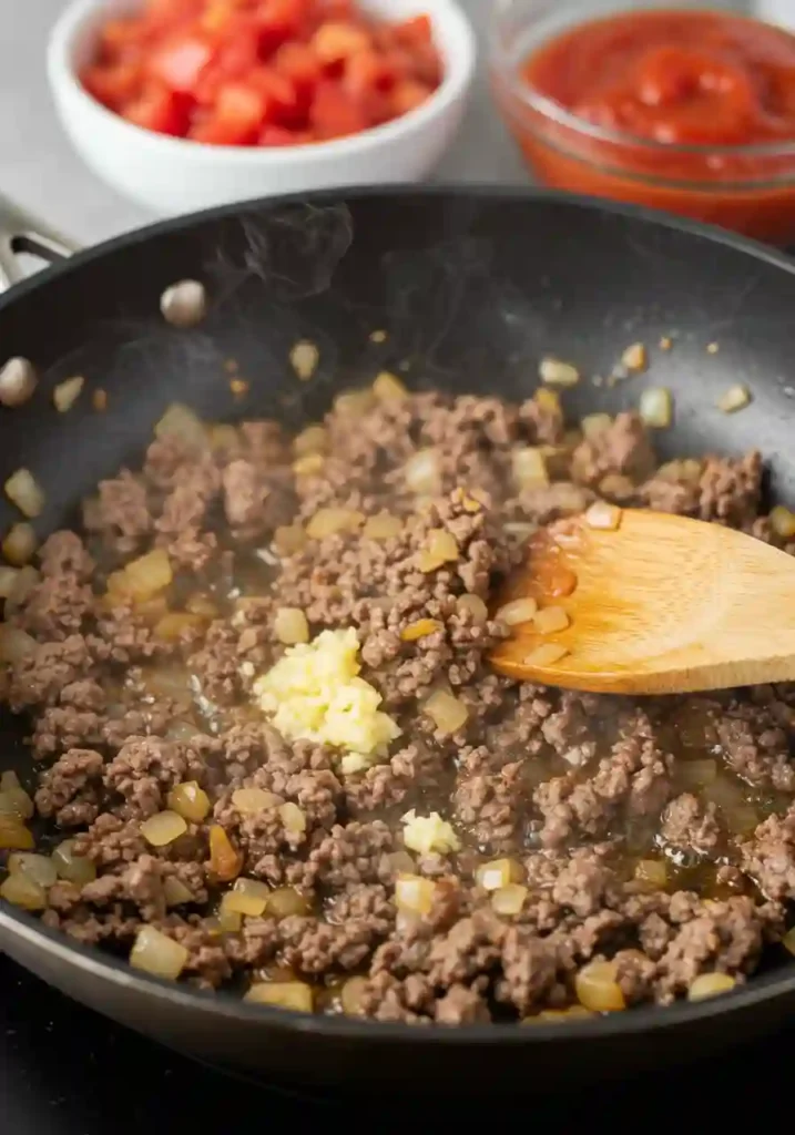 Ground beef, onion, and garlic being sautéed in a skillet