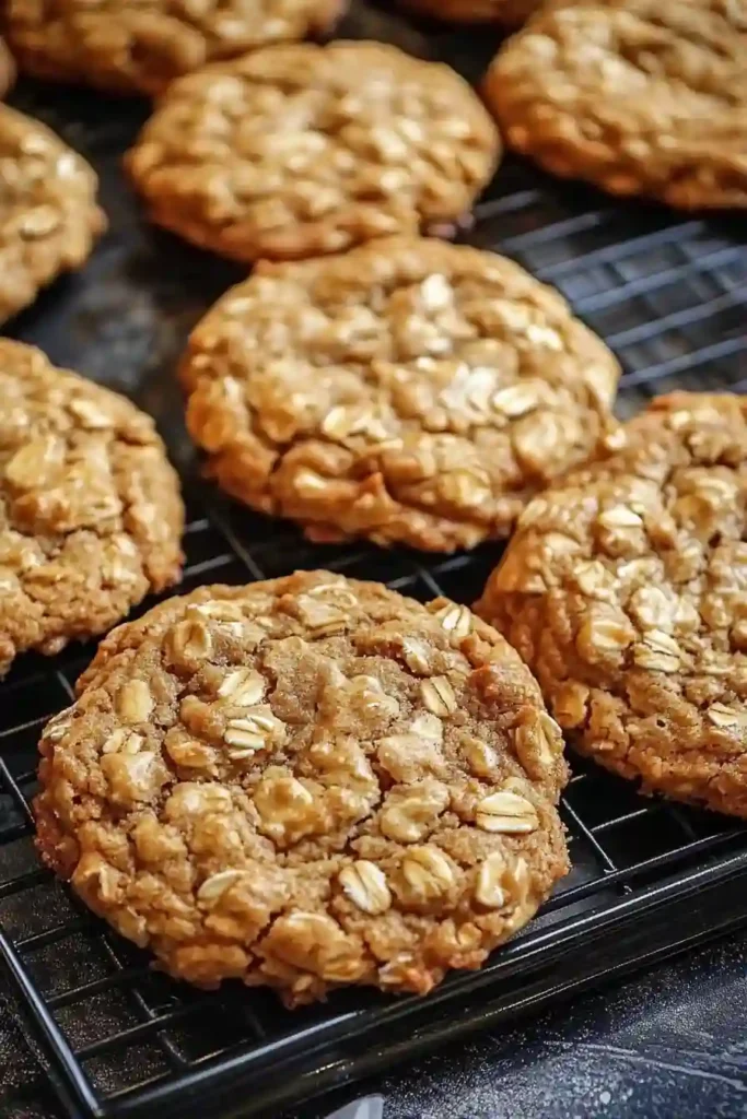 Cookies resting on a wire rack after baking