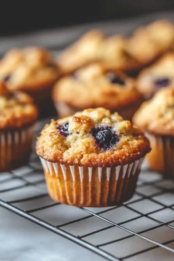 Banana blueberry muffins cooling on a wire rack
