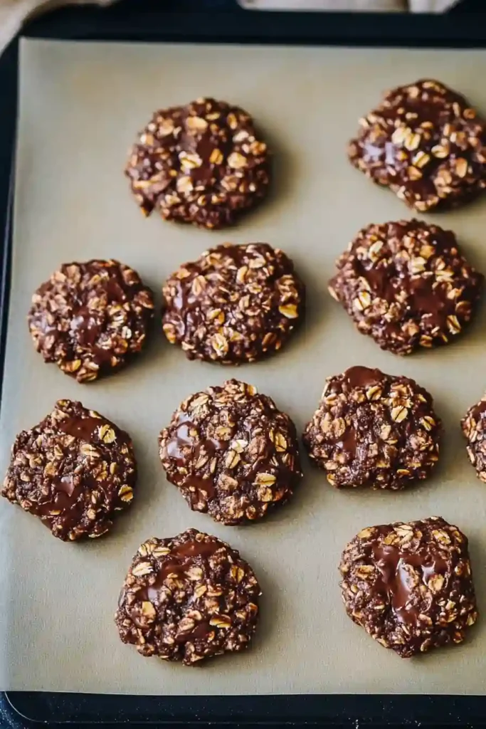Chocolate oatmeal cookies cooling on parchment paper