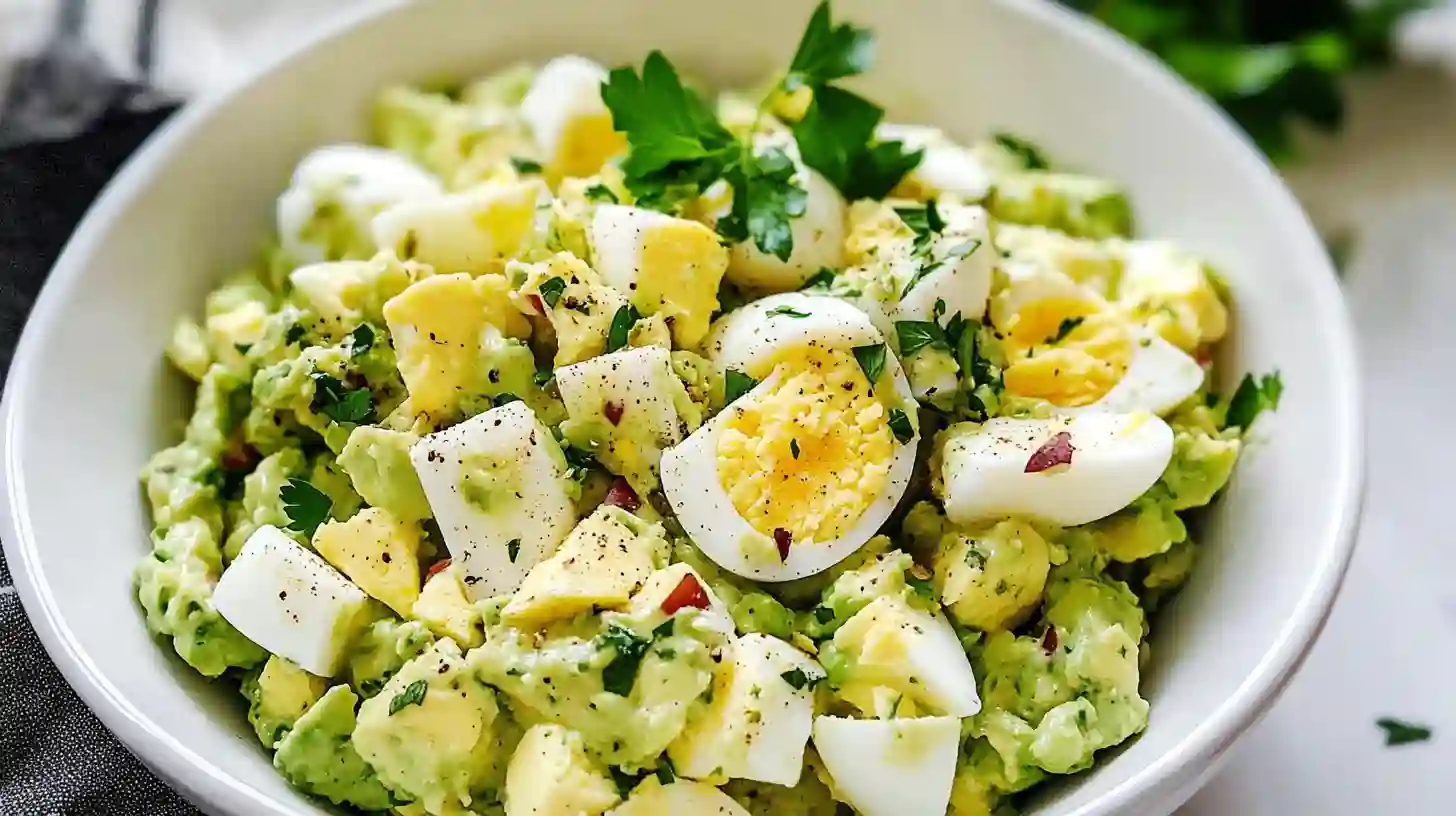 Fresh avocado egg salad with herbs served on toast