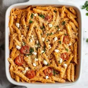 Baked feta tomato pasta served with fresh herbs on a plate
