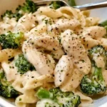 Plated Chicken Broccoli Alfredo with Penne
