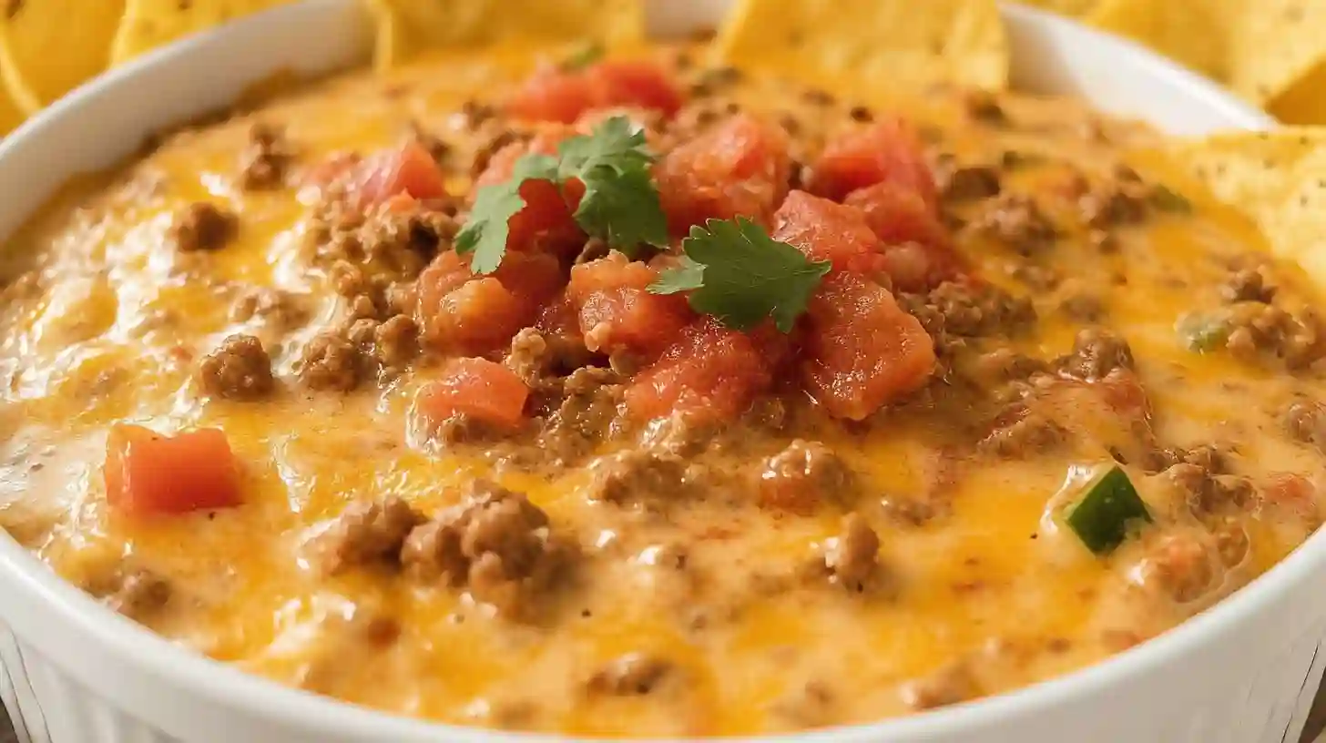 Bowl of hot Rotel dip with ground beef and tortilla chips